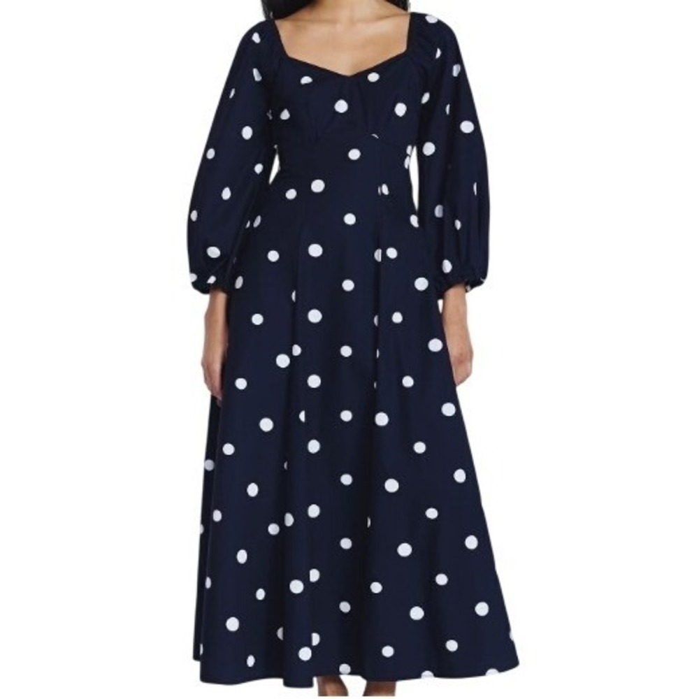 Free Assembly Navy Blue Polka Dot Midi Dress Sweetheart Puff Sleeve A-Line Sz M